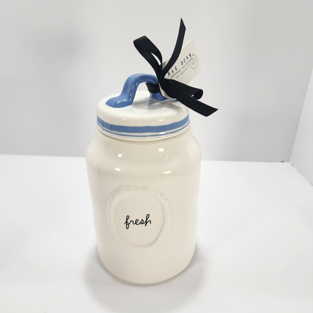 Rae Dunn Fresh Ceramic Canister Blue White Farmhouse Kitchen Storage Jar NWT